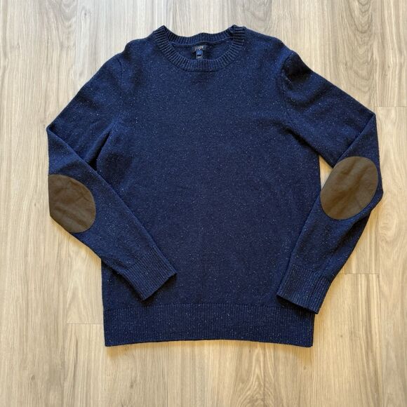 J Crew Navy Flecked Sweater LT Large Tall 80% Lambswool 20% Nylon Elbow Patches - Picture 1 of 9